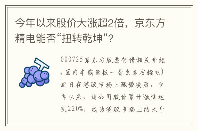 今年以来股价大涨超2倍，京东方精电能否“扭转乾坤”？