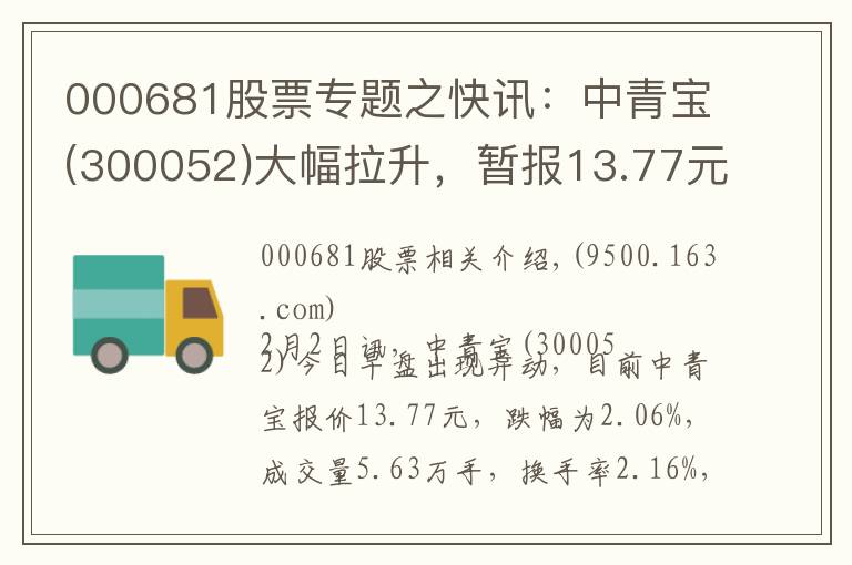 000681股票专题之快讯：中青宝(300052)大幅拉升，暂报13.77元