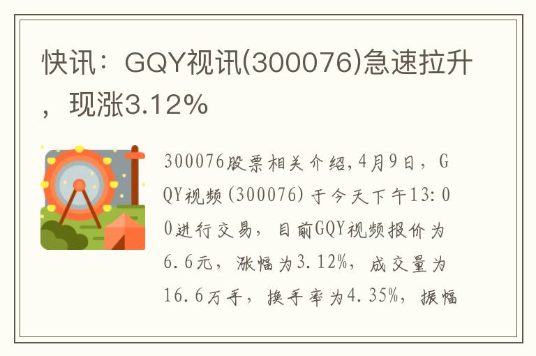 快讯：GQY视讯(300076)急速拉升，现涨3.12%