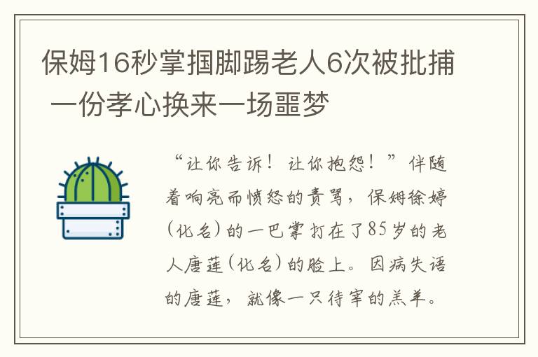 保姆16秒掌掴脚踢老人6次被批捕 一份孝心换来一场噩梦