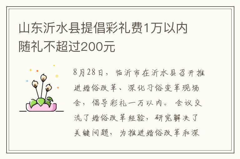 山东沂水县提倡彩礼费1万以内 随礼不超过200元