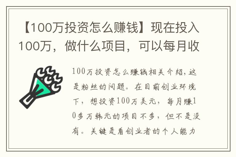 【100万投资怎么赚钱】现在投入100万，做什么项目，可以每月收入十来万的？