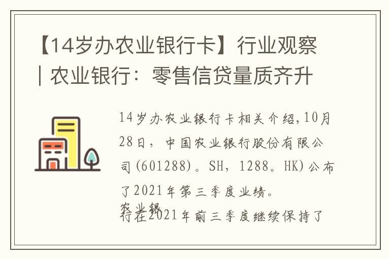 【14岁办农业银行卡】行业观察｜农业银行：零售信贷量质齐升，同业份额持续领先