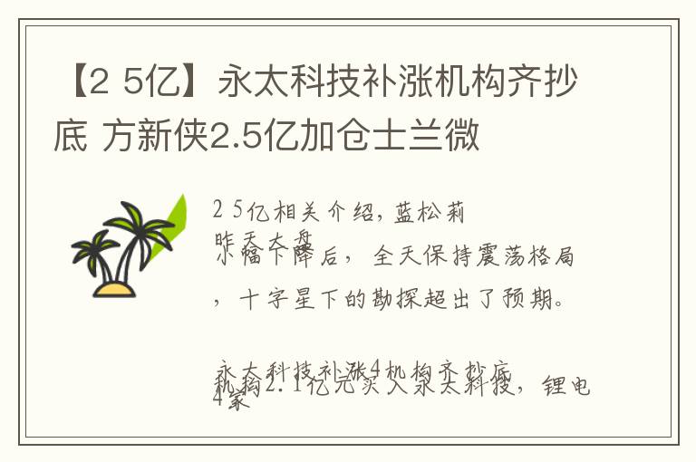 【2 5亿】永太科技补涨机构齐抄底 方新侠2.5亿加仓士兰微