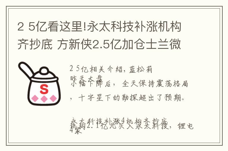 2 5亿看这里!永太科技补涨机构齐抄底 方新侠2.5亿加仓士兰微