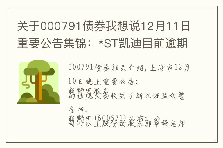 关于000791债券我想说12月11日重要公告集锦：*ST凯迪目前逾期债务共计93.84亿元