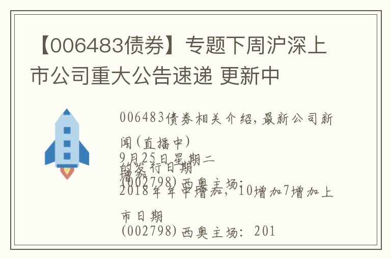 【006483债券】专题下周沪深上市公司重大公告速递 更新中