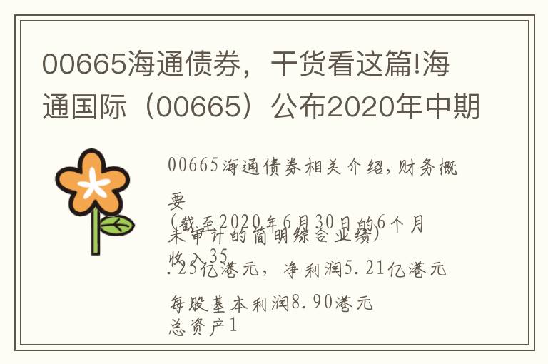 00665海通债券，干货看这篇!海通国际（00665）公布2020年中期业绩：费类收入增长三成 风控能力持续增强