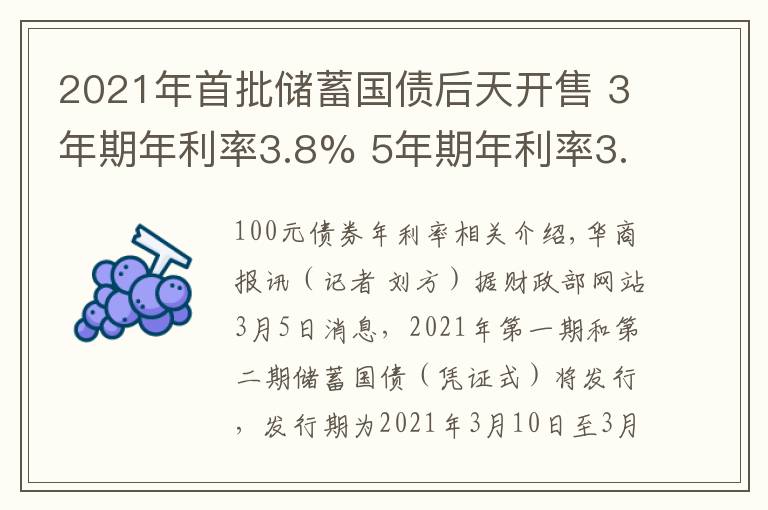 2021年首批储蓄国债后天开售 3年期年利率3.8% 5年期年利率3.97%