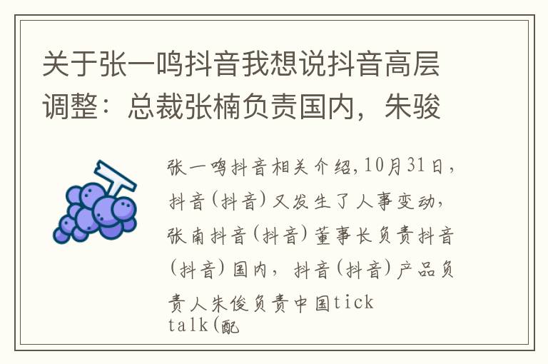 关于张一鸣抖音我想说抖音高层调整：总裁张楠负责国内，朱骏晋升分管海外，汇报张一鸣