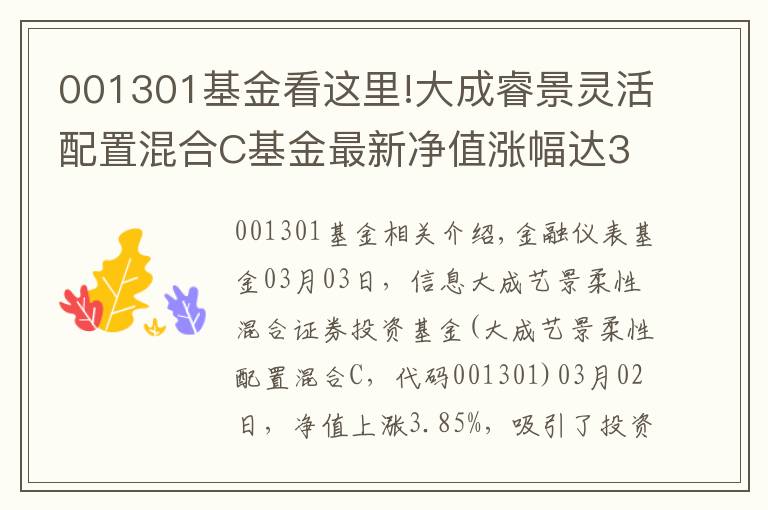 001301基金看这里!大成睿景灵活配置混合C基金最新净值涨幅达3.85%