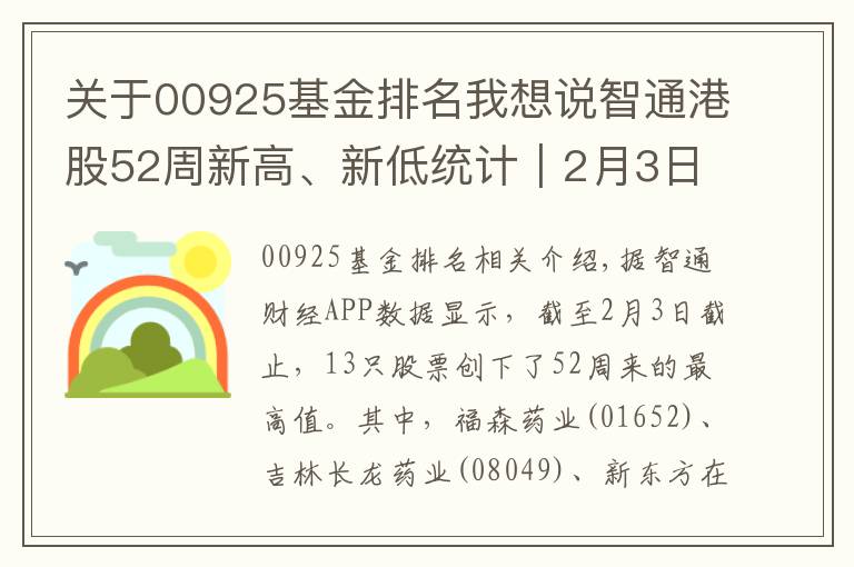 关于00925基金排名我想说智通港股52周新高、新低统计｜2月3日
