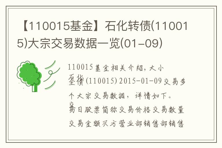 【110015基金】石化转债(110015)大宗交易数据一览(01-09)