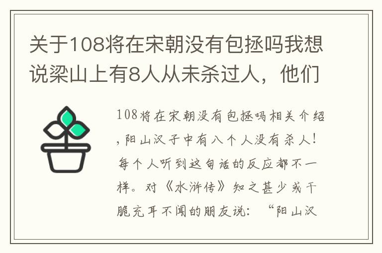 关于108将在宋朝没有包拯吗我想说梁山上有8人从未杀过人，他们却不全是好人，其中三位甚至可恨