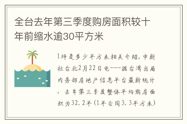 全台去年第三季度购房面积较十年前缩水逾30平方米