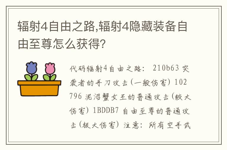 辐射4自由之路,辐射4隐藏装备自由至尊怎么获得？文章配图