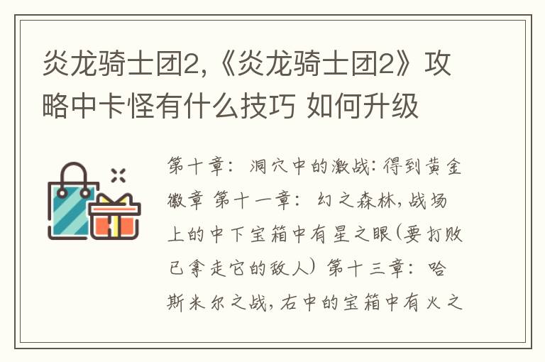 炎龙骑士团2,《炎龙骑士团2》攻略中卡怪有什么技巧 如何升级文章配图