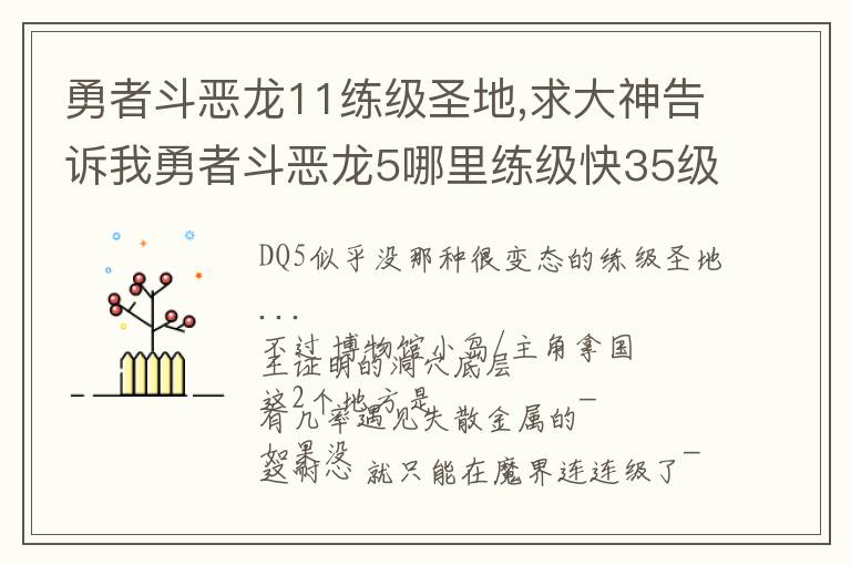 勇者斗恶龙11练级圣地,求大神告诉我勇者斗恶龙5哪里练级快35级左右打不过最终boss。别和我说去隐藏迷宫打金属王。。我还文章配图
