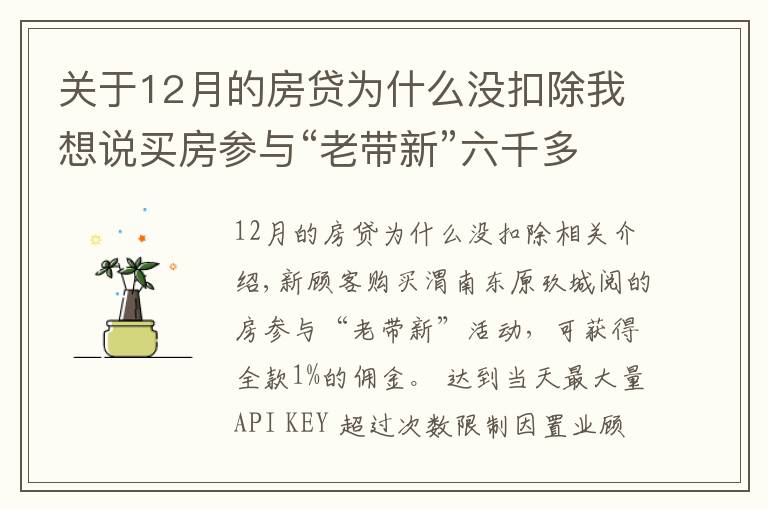 关于12月的房贷为什么没扣除我想说买房参与“老带新”六千多元佣金未到账 销售经理：置业顾问违规操作