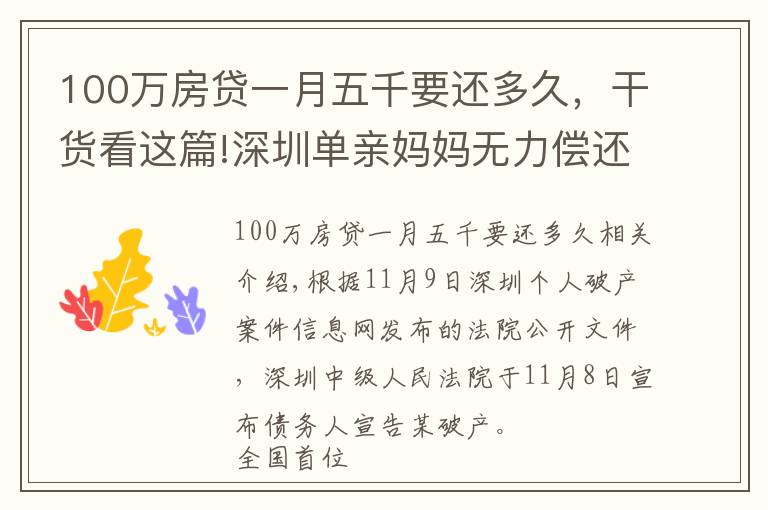 100万房贷一月五千要还多久，干货看这篇!深圳单亲妈妈无力偿还欠债成全国首位个人“破产人”