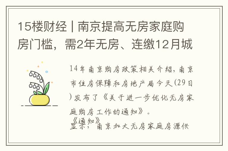 15楼财经 | 南京提高无房家庭购房门槛，需2年无房、连缴12月城镇社保