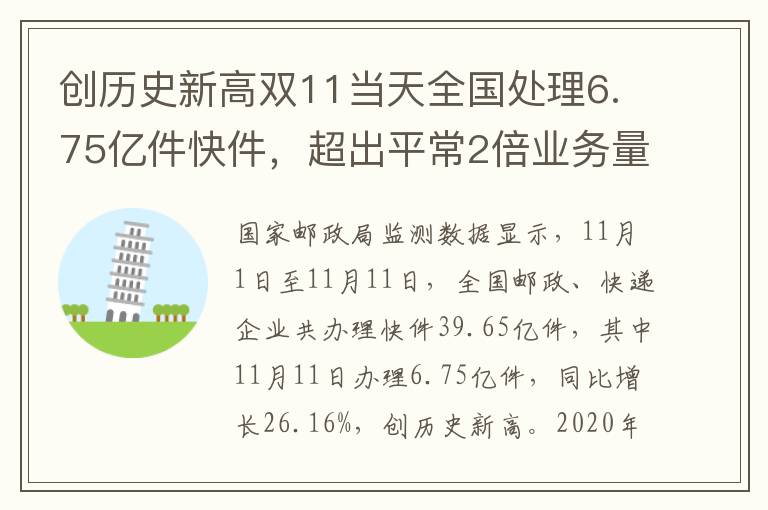 创历史新高双11当天全国处理6.75亿件快件，超出平常2倍业务量文章配图
