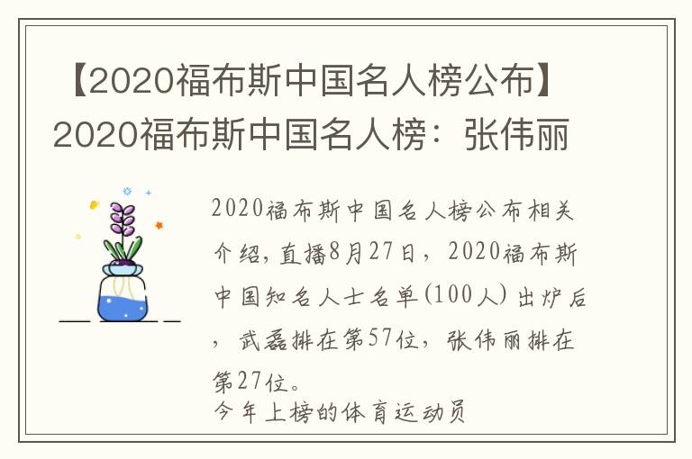 【2020福布斯中国名人榜公布】2020福布斯中国名人榜：张伟丽第27武磊第57 体育界两人上榜文章配图