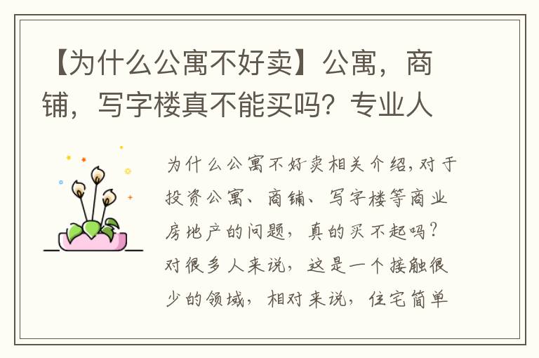 【为什么公寓不好卖】公寓，商铺，写字楼真不能买吗？专业人士另有看法，一文说清文章配图