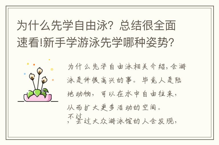 为什么先学自由泳？总结很全面速看!新手学游泳先学哪种姿势？蛙泳还是自由泳？