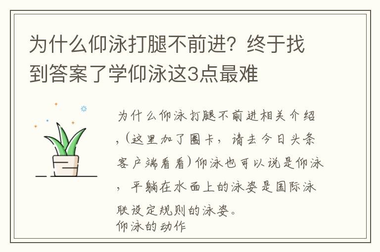 为什么仰泳打腿不前进？终于找到答案了学仰泳这3点最难