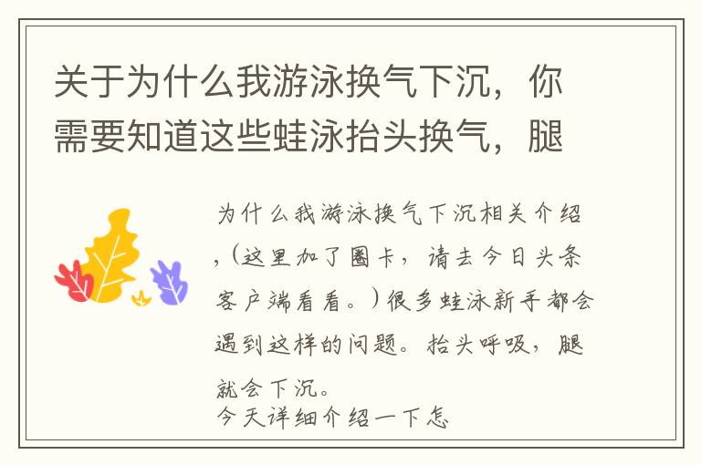 关于为什么我游泳换气下沉，你需要知道这些蛙泳抬头换气，腿就下沉？告诉你怎么改正！