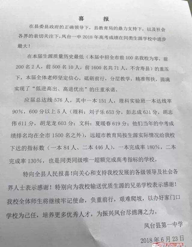 凤台一中、凤台精忠中学、古城私立中学2018年高考成绩喜报