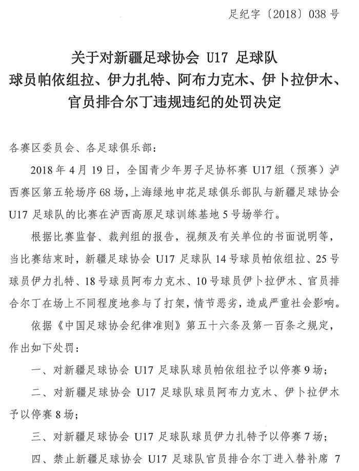 新疆打架 U17足协杯申花与新疆群殴 涉事球员至少停赛7场