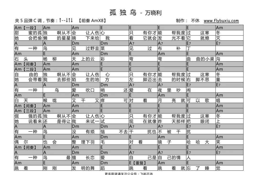 孤独吉他谱 【吉他谱】《孤独鸟》-万晓利（修正版）