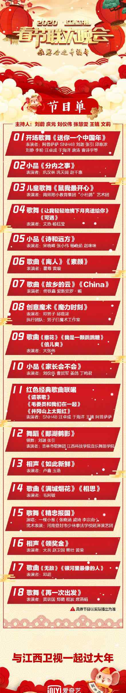 江西卫视节目表 2020年江西卫视春晚节目单（图） 节目安排表完整版