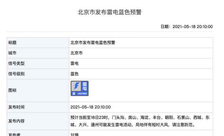 雷电+大风！北京发布雷电蓝色预警信号